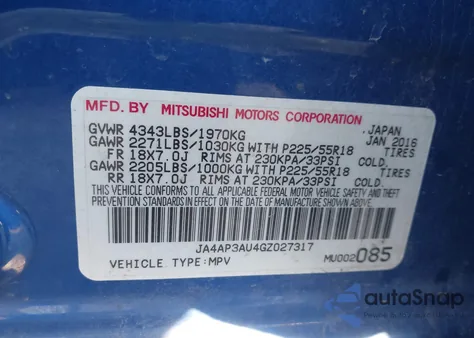 2016 Mitsubishi Outlander Sport 2.0 Es из США, поврежденный, VIN JA4AP3AU4GZ027317